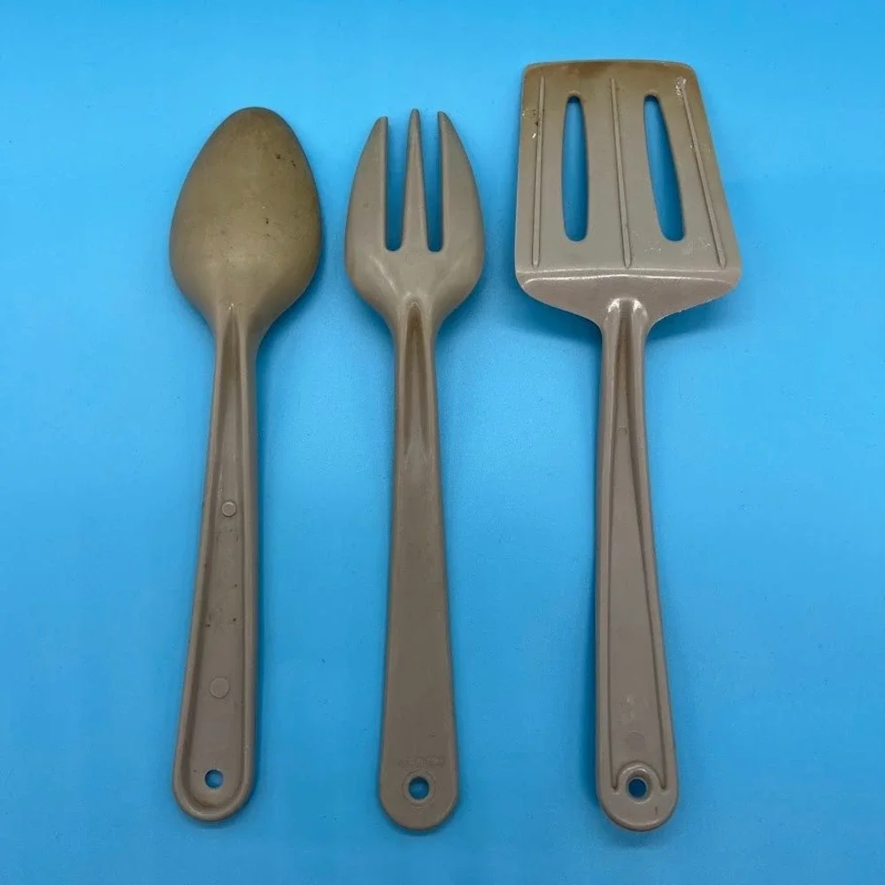 Vintage Norplac Nylon Kitchen Utensils White Blue Flowers DuPont Set of 3 Retro